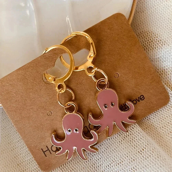 Cute Handmade Pink Octopus charm pendant Fashion Dangle Earrings set - Picture 3 of 4